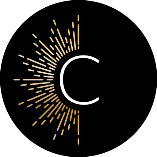 Letter C with a golden sunburst design on a black background.