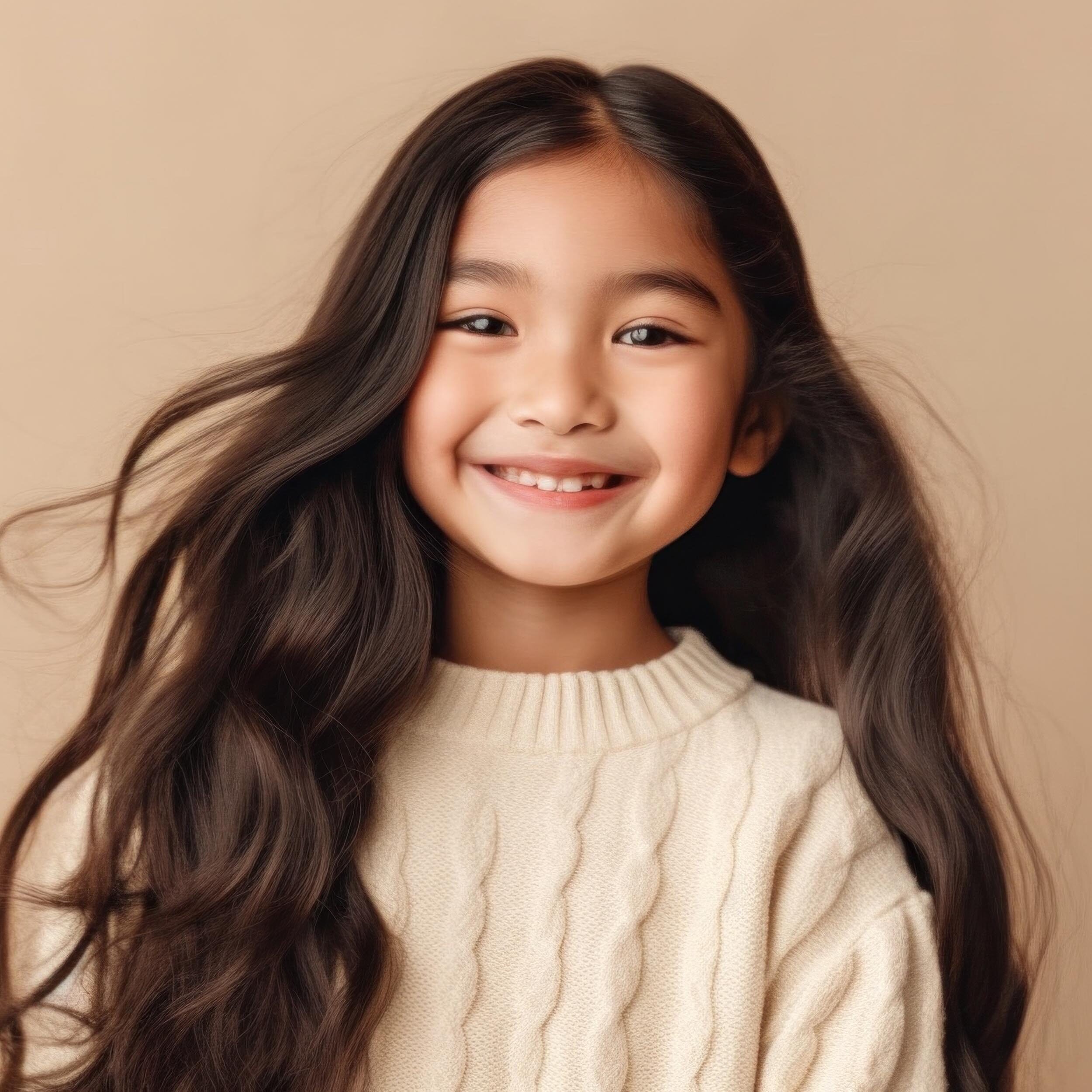 Smiling young girl with long dark hair wearing a cream cable-knit sweater.