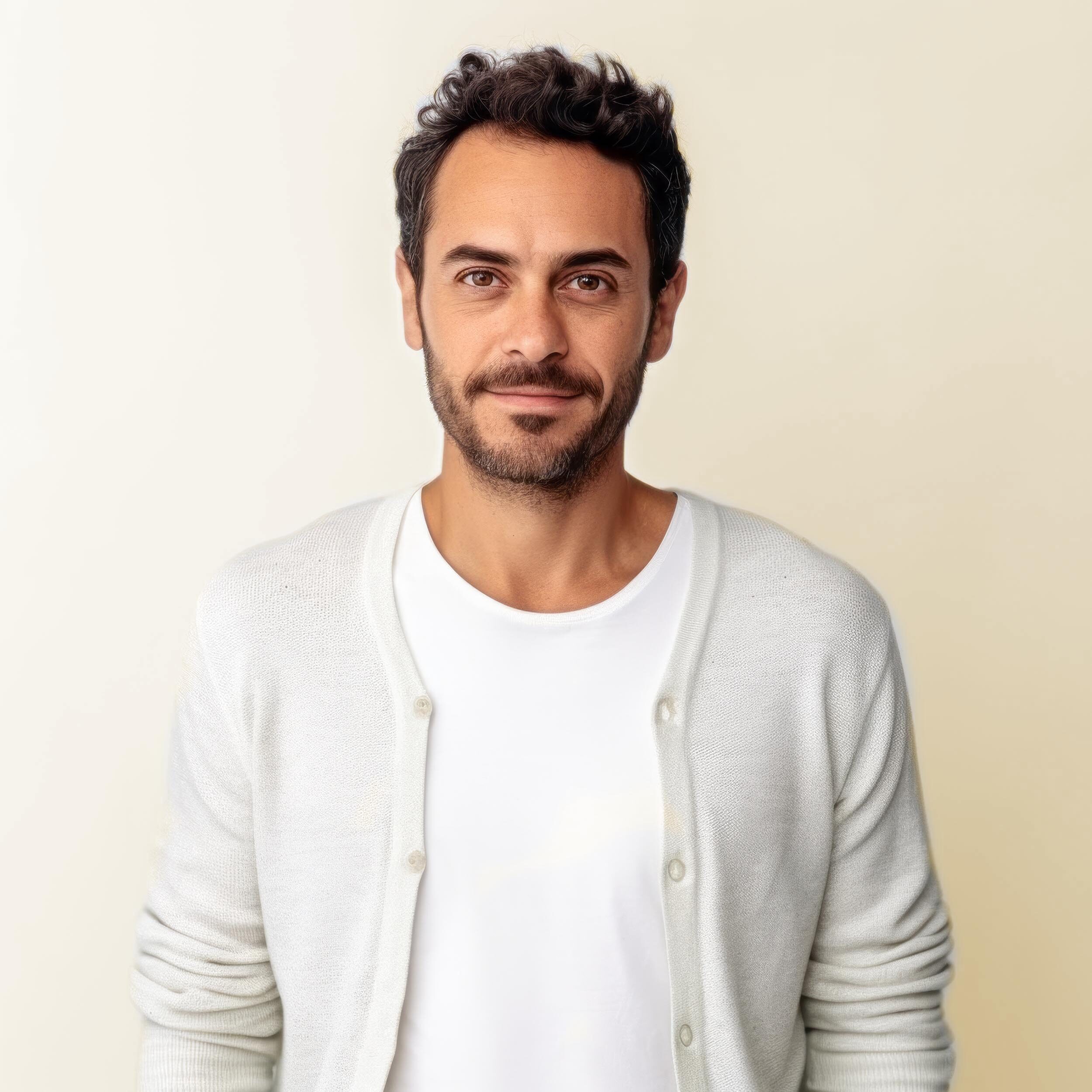 Man with a subtle smile wearing a white T-shirt and light cardigan against a neutral background.