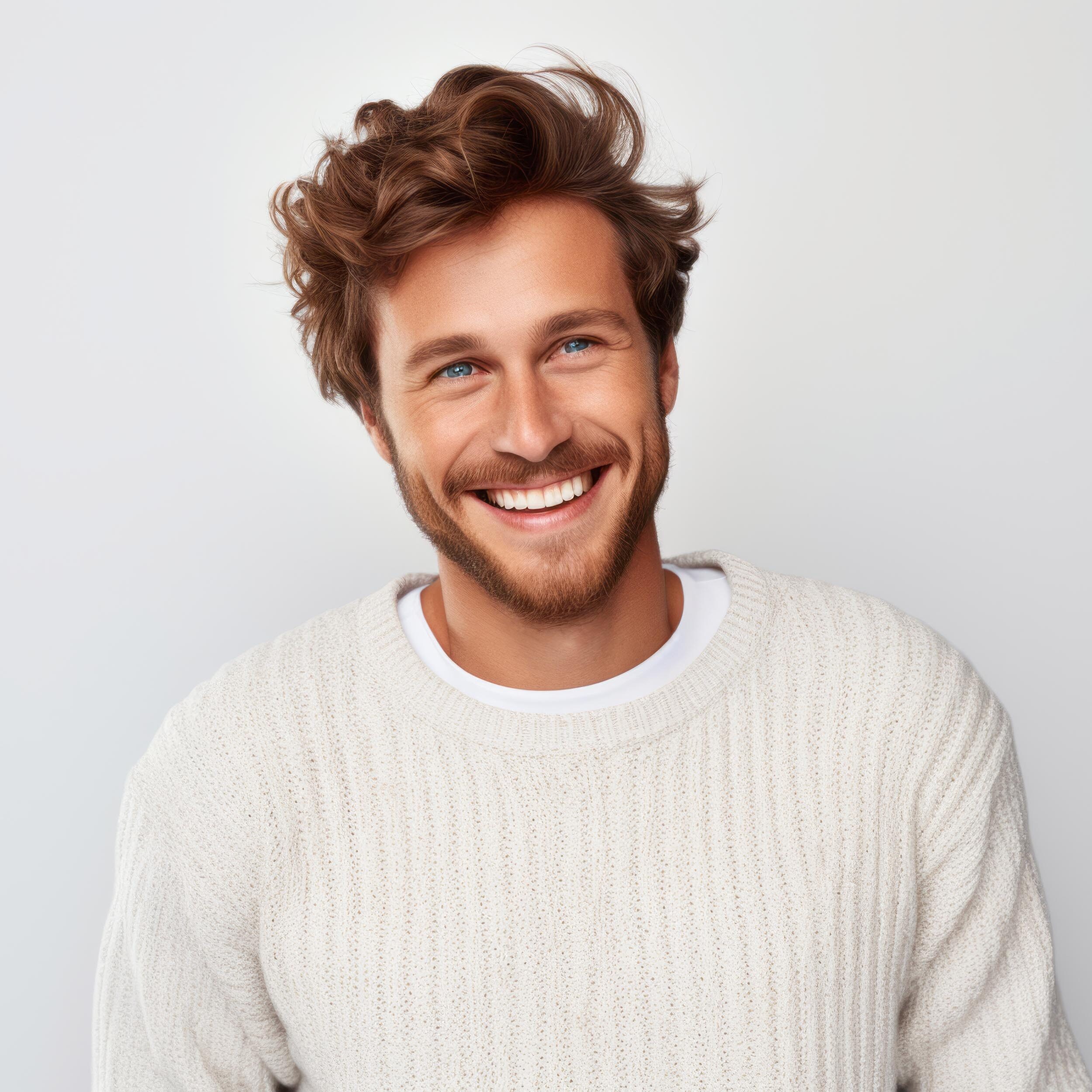 Man with brown hair and a white sweater sporting a bright, engaging smile.