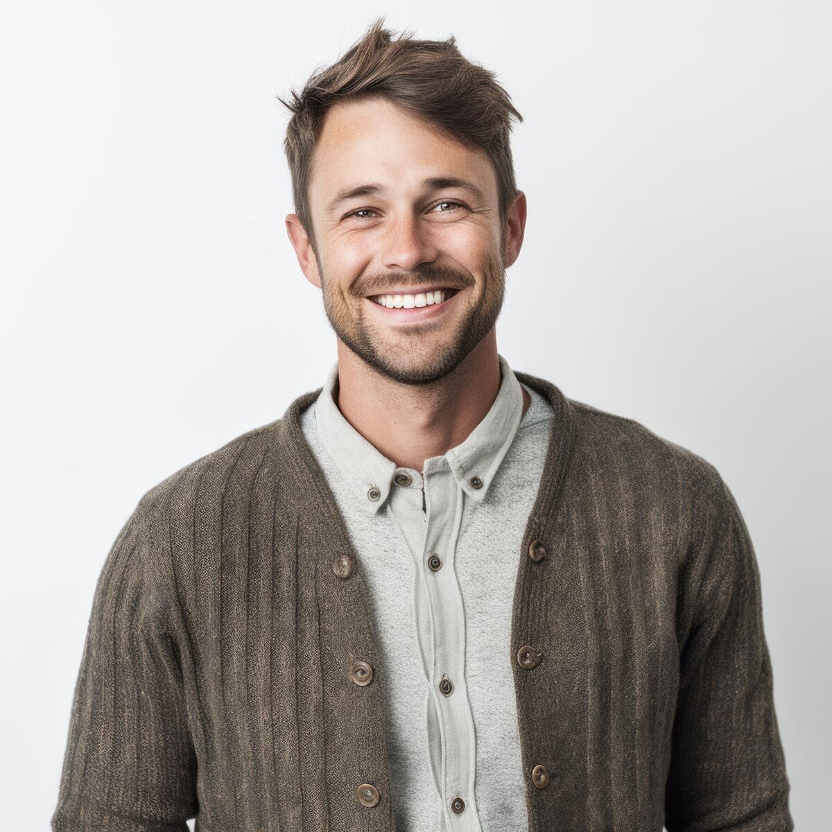 Smiling man in a brown cardigan and grey shirt.