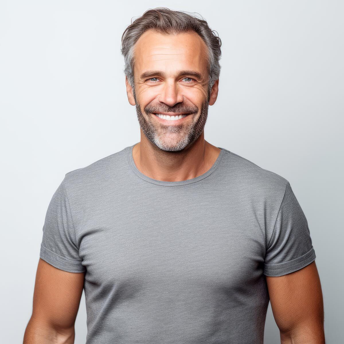 Mature man with grey hair and a grey t-shirt smiling against a light grey background.