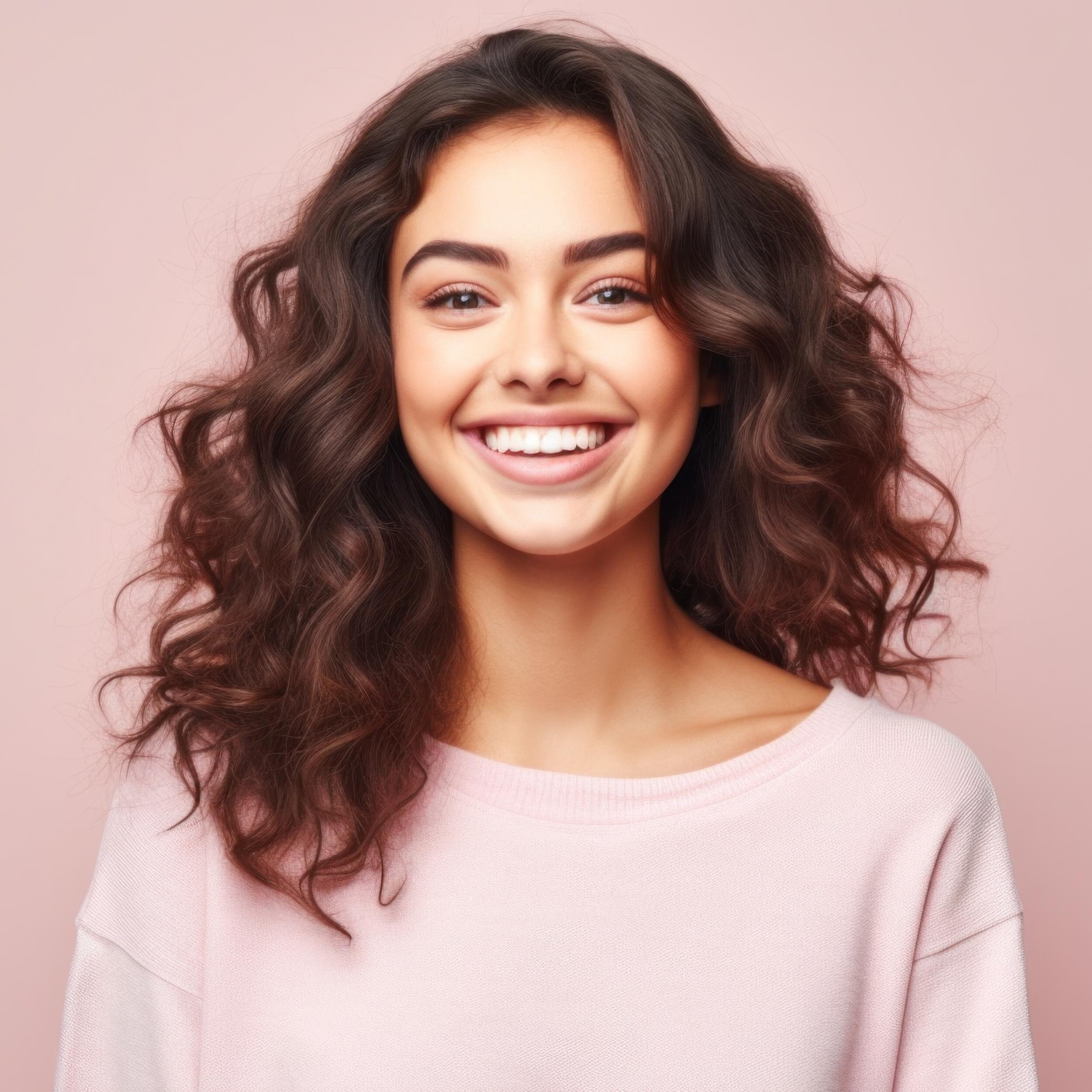 In this heartwarming portrait, a young teen girl's genuine smile takes center stage against a neutral studio background, a symbol of her youthful spirit and happiness.