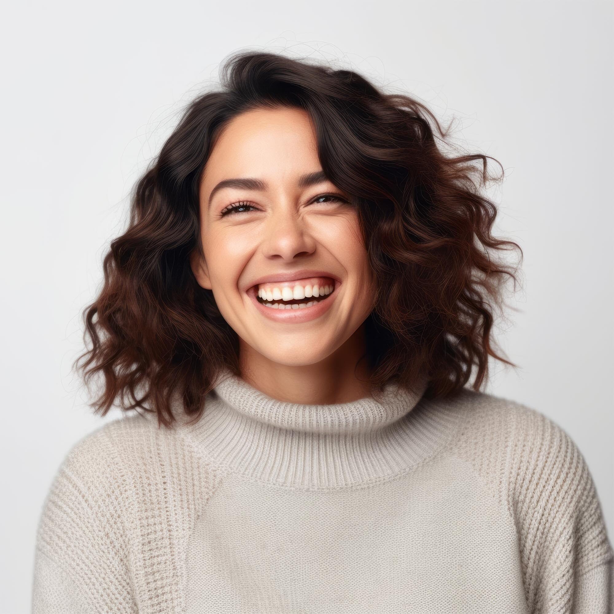 Joyful woman with curly hair laughing heartily, wearing a cozy turtleneck sweater on a light background."