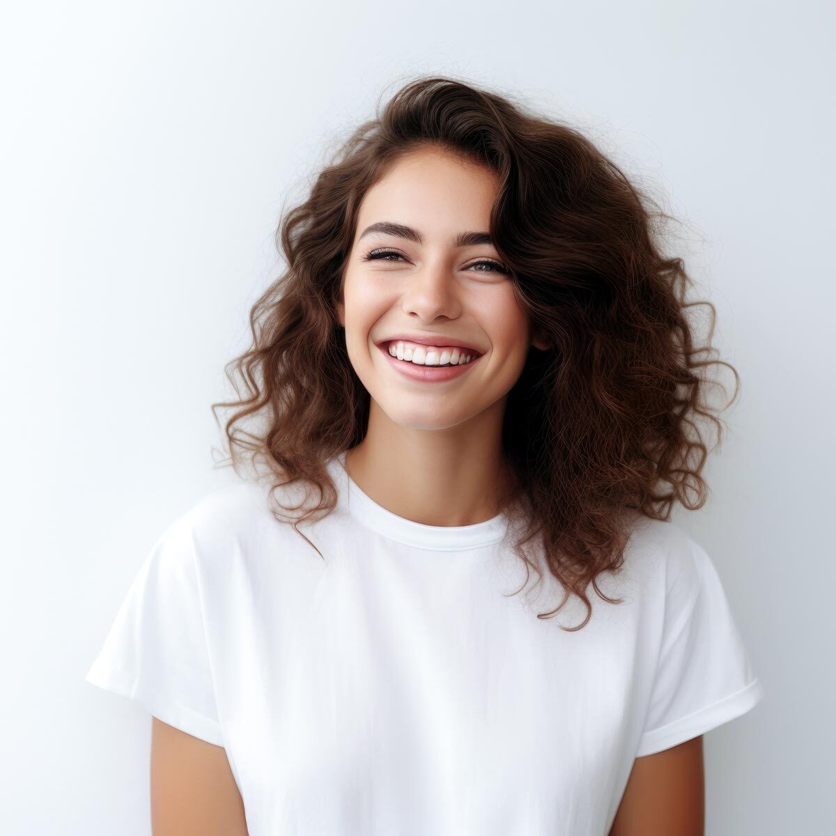 Young woman with curly hair and a white t-shirt laughing on a light background.